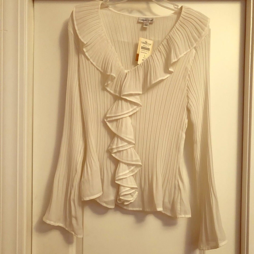 NWT White button up blouse with ruffle accents